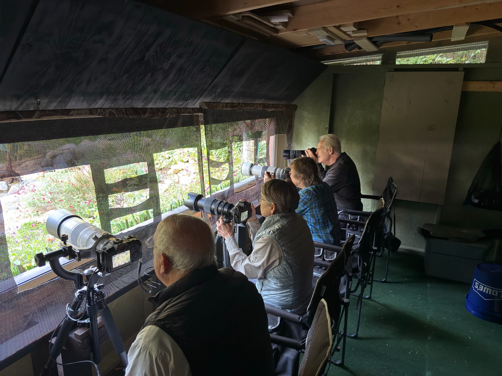 Photographers seated in a row inside a blind with long lenses through the window